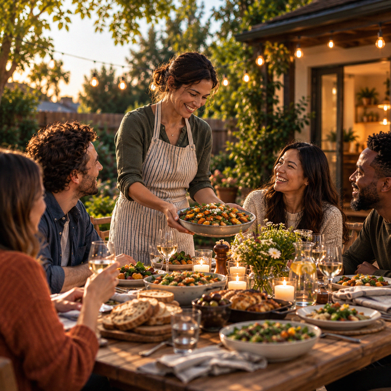 A home cook setting a shared dish on a long garden table while friends gather around it at golden hour